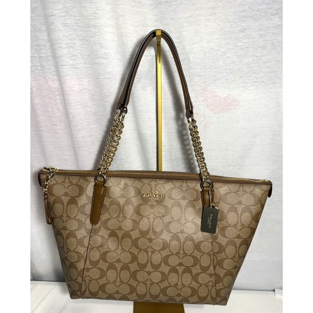 NEW NWT Coach Signature Ava Chain Tote Handbag Purse Khaki Shoulder Bag #23526